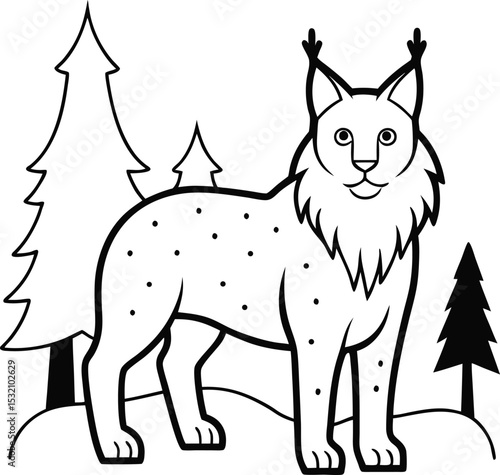 lynx in snowy forest colouring page vector