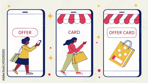 Illustration of three mobile phones displaying online shopping offers with shoppers and shopping bag present