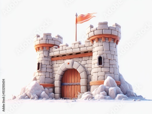 Cartoon castle with flag on a white background