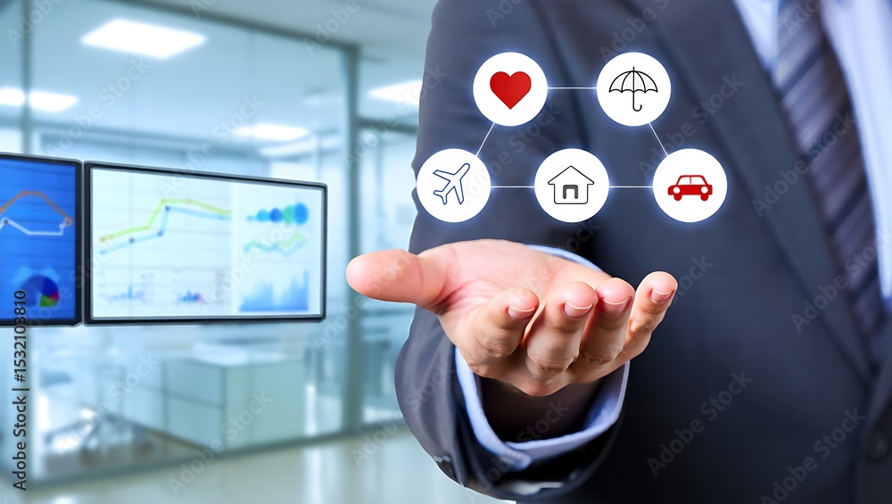 Businessman presenting comprehensive insurance plan offering health travel home and auto coverage Businessman presenting comprehensive insurance plan offering health travel home and auto coverage