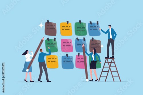 Agile scrum, sprint or idea brainstorming, teamwork planning development meeting, team meeting workflow or improvement feedback, business people team brainstorm and discuss on sticky notes.