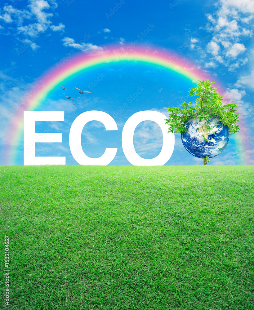 Fototapeta premium ECO acronym with earth and tree on green grass field over rainbow, birds and blue sky, Ecology saving power and energy concept, Save the earth concept, Elements of this image furnished by NASA