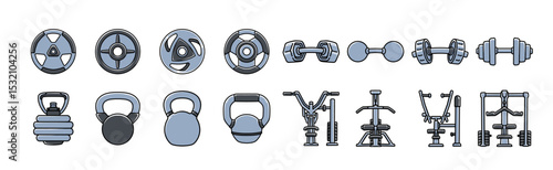 Gym equipment colorful illustration design set. Fitness tool doodle vector collection. Dumbbell, kettlebell, weight plate and lat pulldown machine for weightlifting, bodybuilding, workout