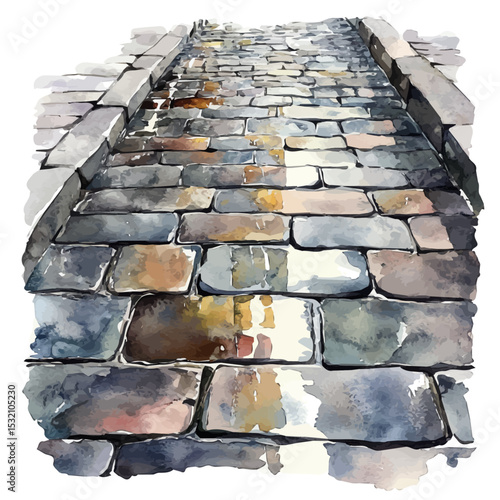 watercolor vector of Rain Reflections Cobblestone Path, isolated on a white background.