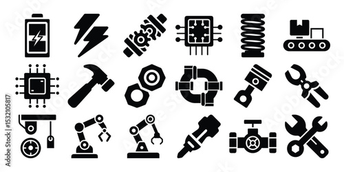 Set of Industrial and Mechanical Tool Icons in Silhouette Style on White Background

