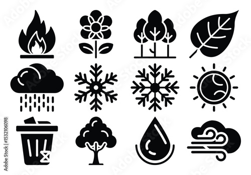 Nature set, Weather, and Environmental Icons in Silhouette Style on White Background