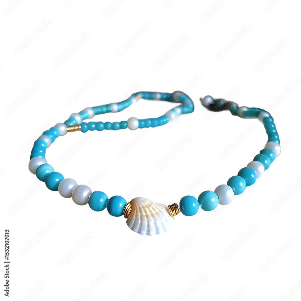 Obraz premium Cartoon beaded anklet with seashell turquoise and white isolated on transparent background