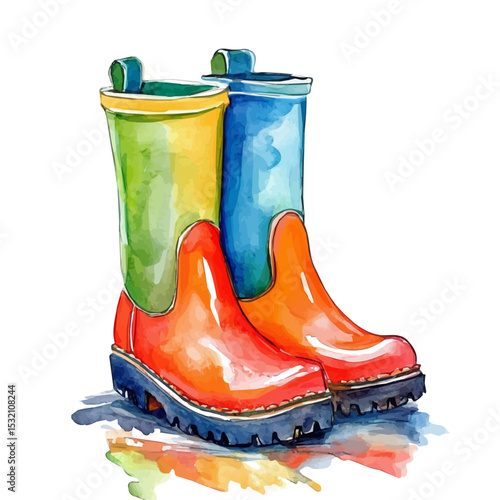 watercolor vector of Rain Boots, isolated on a white background.