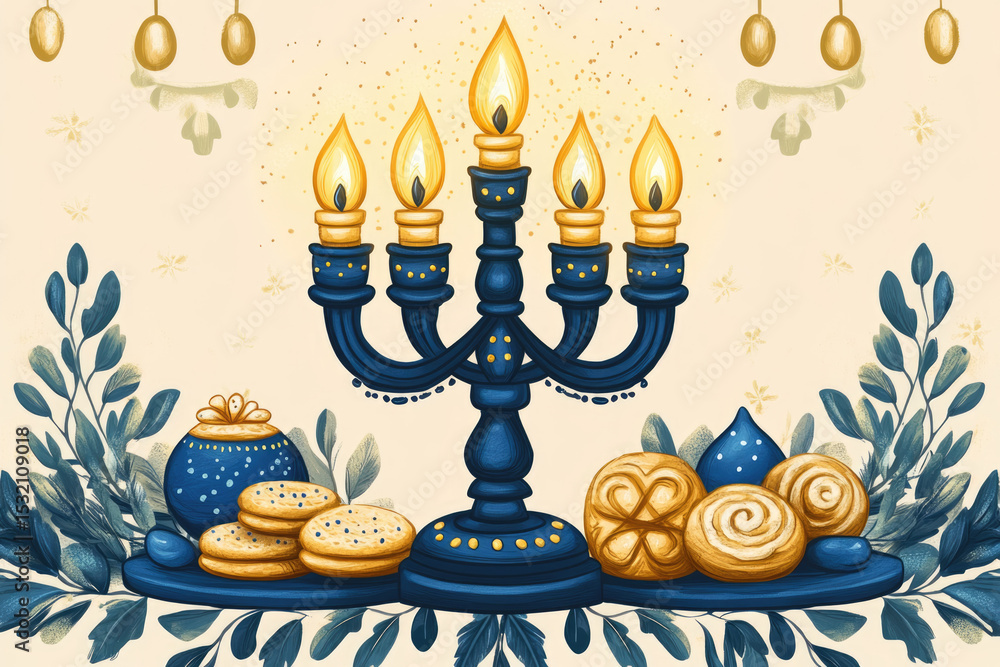 Charming Hanukkah Artwork with Menorah, Dreidels, and Sweet Holiday Foods Charming Hanukkah Artwork with Menorah, Dreidels, and Sweet Holiday Foods