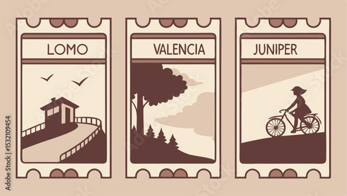 Three vintage style ticket stubs with different scenes including a house, trees, and a person on a bicycle