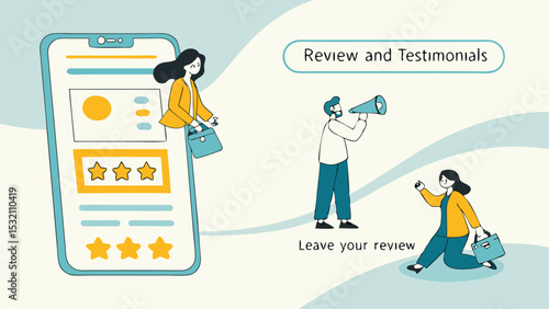 Illustration featuring a mobile phone with star ratings and people giving reviews and testimonials online