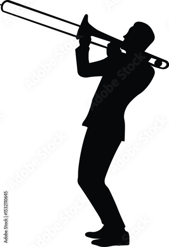 Trombone player silhouette. Jazz musical instrument silhouette isolated on white background. Vector Illustration