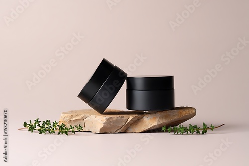 Minimalist product display with black cosmetic jars and natural stone