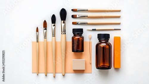 Artistic essentials arrangement with paintbrushes and amber bottles on white surface