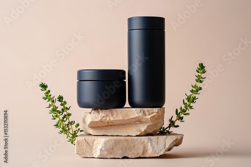 Minimalist dark blue drinkware on stone podium with greenery decoration