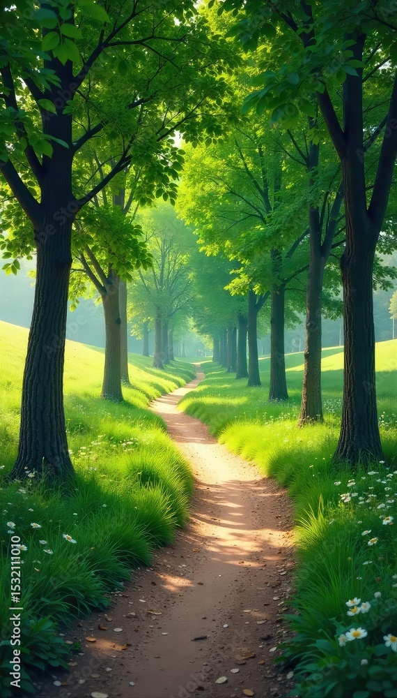 Obraz premium A winding, tree-lined path meanders through a lush green landscape, symbolizing the journey of family life, full of twists, turns, and beautiful scenery , life, tranquility, childhood