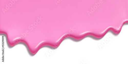 Pink ice cream melt dripping down on transparent background - glossy liquid strawberry frosting flowing with smooth wavy edge. Sweet dessert topping for decoration, candy design or food illustration.