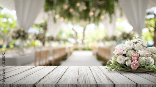Fototapeta Naklejka Na Ścianę i Meble -  High-Quality Stock image of white wooden table top with blur background of wedding garden.