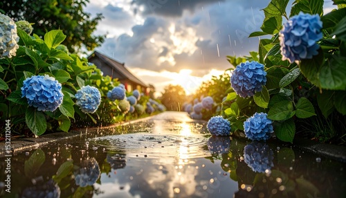 雨上がりの紫陽花と水たまりに映る夕陽の風景