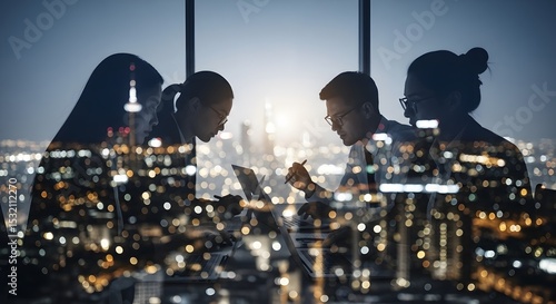 Professional Team Working Late with City Lights Overlay in Blue Tones