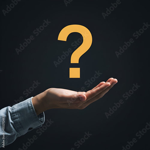 Adult hand holding open with a question mark graphic hovering above. Open palm presenting query against dark studio backdrop.
