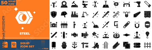 Steel Solid Editable Icons set. Vector illustration in modern thin solid style of steel icons: beam, blacksmith, bolt, etc