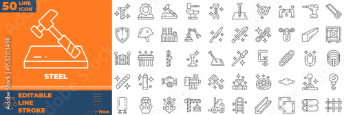 Steel Line Editable Icons set. Vector illustration in modern thin line style of steel icons: beam, blacksmith, bolt, etc