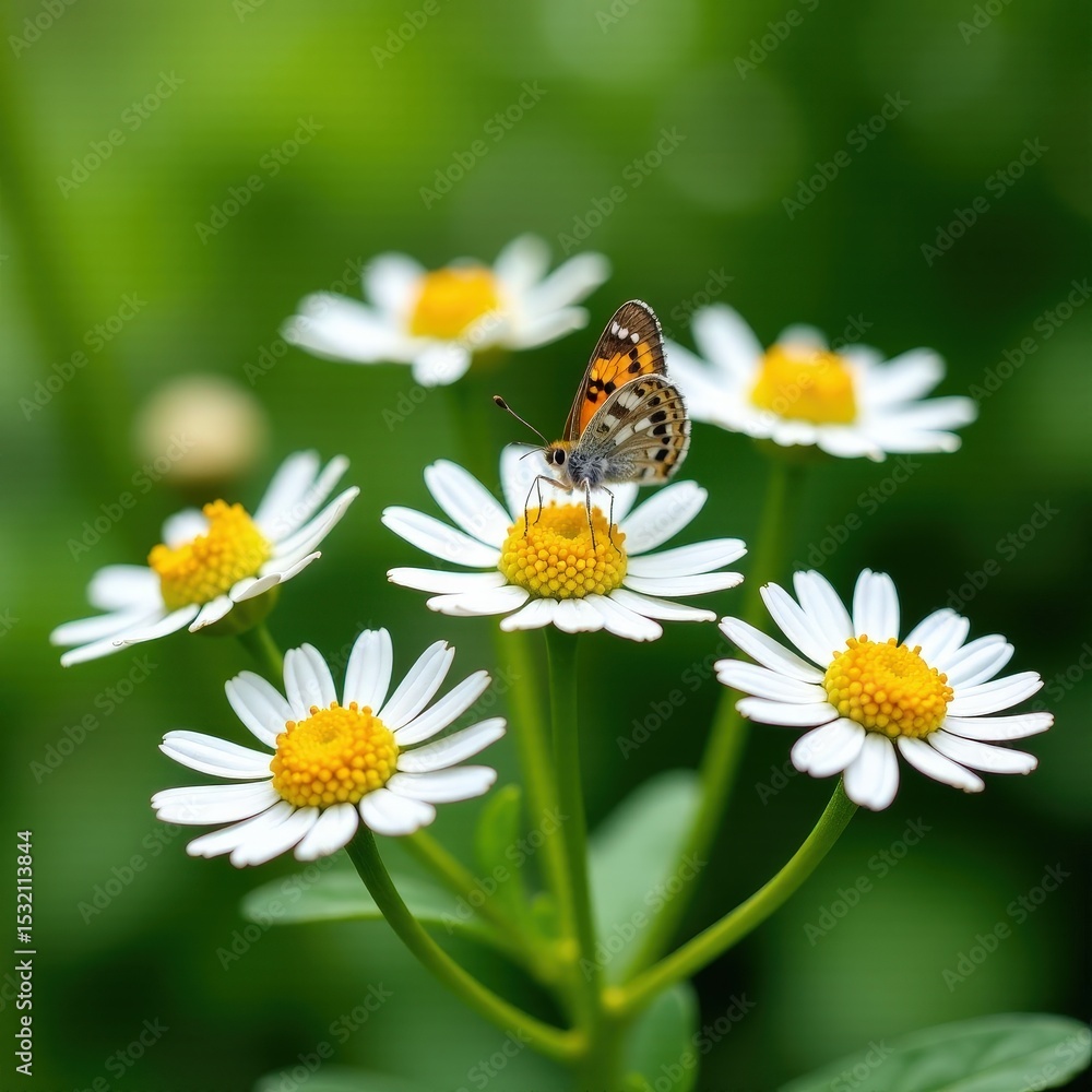 Obraz premium Small butterfly on white daisies in a green garden setting with bokeh background.