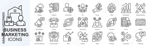 Business Marketing icon set vecvtor Outline Style strategy, collateral, niche market, b2c, pricing, crm, demographic, affiliate marketing, public relation, product, engagement, sponsorship, customer