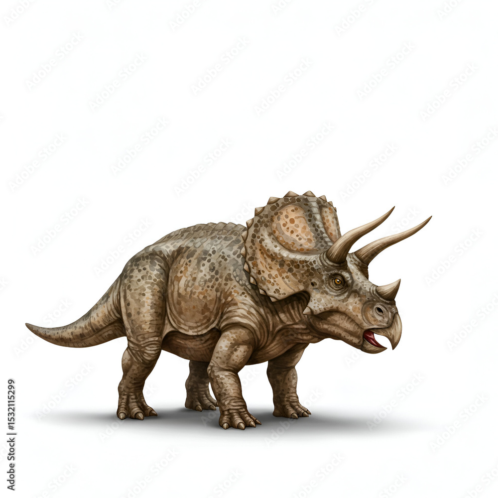 Fototapeta premium Triceratops illustration with detailed texture in a prehistoric setting. Prehistoric creature posed in a neutral stance against a plain white background.
