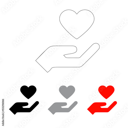 vector icon of a human hand on which there is a heart symbol, line icon and colored red, black and light black