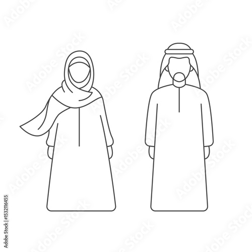 Saudi man and woman in traditional dress, outline vector illustration