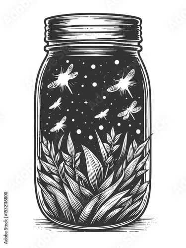 glowing fireflies inside a mason jar surrounded by leaves, with stars twinkling in the night sky sketch engraving generative ai vector illustration. Scratch board imitation. Black and white image.