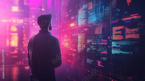 A futuristic startup leader controlling global business analytics from a floating digital screen