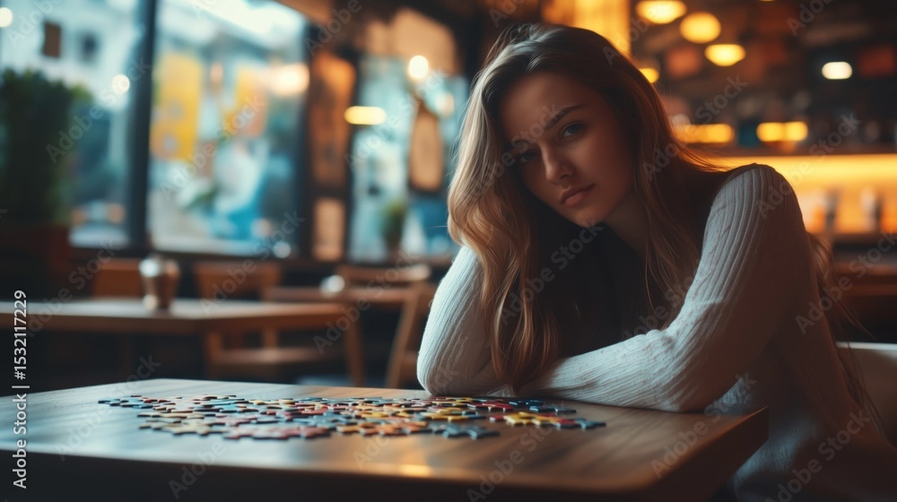 Fototapeta premium A thoughtful girl sits in a cafe at a table scattered with puzzle pieces, immersed in contemplation.