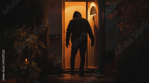 Rear view of hooded burglar entering house through open door.