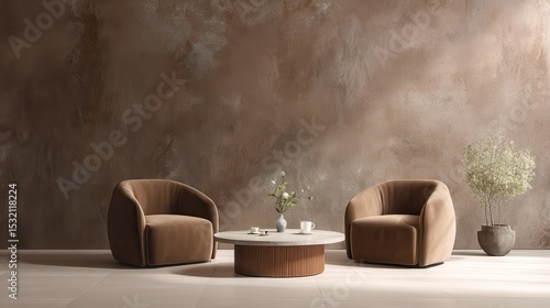 Fototapeta Naklejka Na Ścianę i Meble -  High-Quality Stock image of modern interior design background with a brown wall mockup, two armchairs, and a coffee table on a light-colored floor in a minimalistic home decor style.