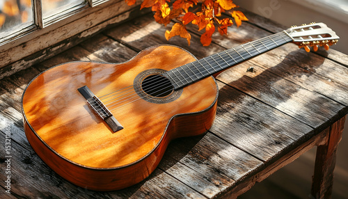 Warm Sunlight on a Vintage Acoustic Guitar on Rustic Wood