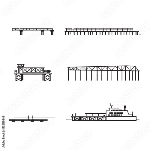 Minimalist line art of a wooden pier extending into water