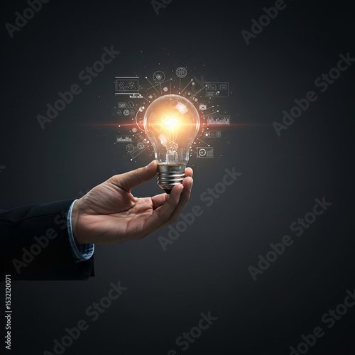 A businessman holds a glowing lightbulb, showcasing innovative ideas with superimposed business icons in a studio setting.