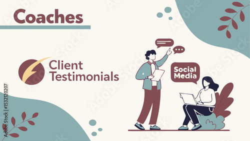 Illustration of coaches and client testimonials with social media integration and leaf decorations around it