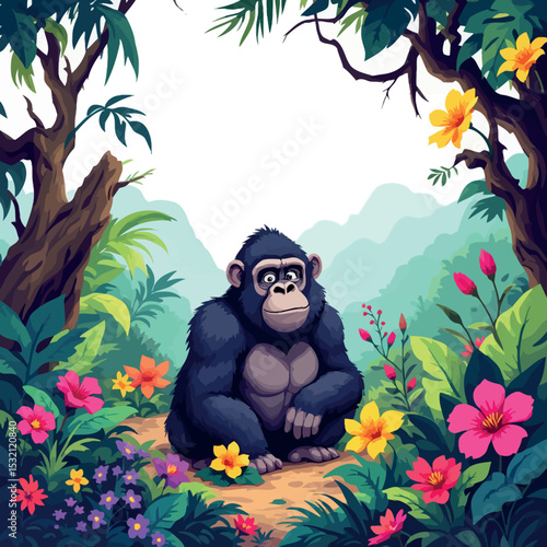 Vsai curious gorilla sitting in lush tropical jungle surrounded by colorful flowers