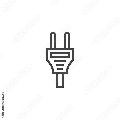 Electric plug line icon with dual prongs. This outline icon represents power connectivity and energy source. Vector symbol for electric and tech contexts.
