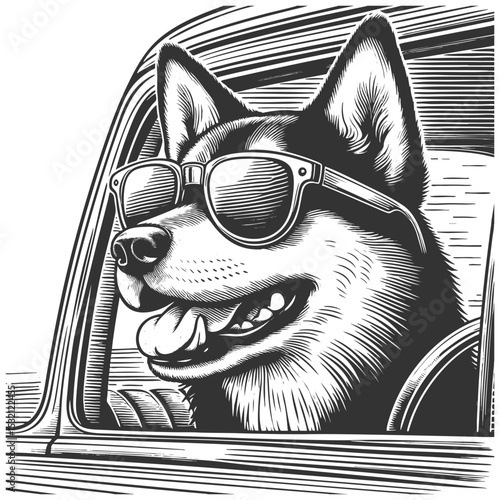 happy dog in sunglasses with its head out of a moving car window, fur blowing in the wind sketch engraving generative ai vector illustration. Scratch board imitation. Black and white image.