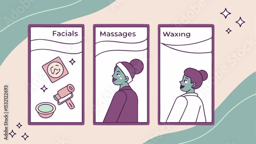 Illustration of three cards displaying beauty treatments including facials massages and waxing services offered