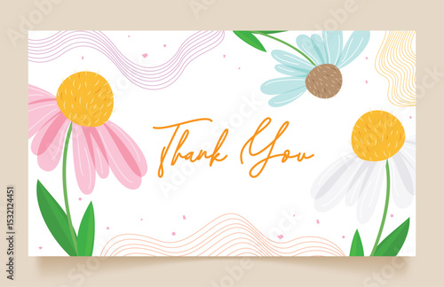 Thank you card clipart template. Thank you greeting text with drawing flowers clip art in abstract background for thanksgiving and appreciation card design vector illustration. 
