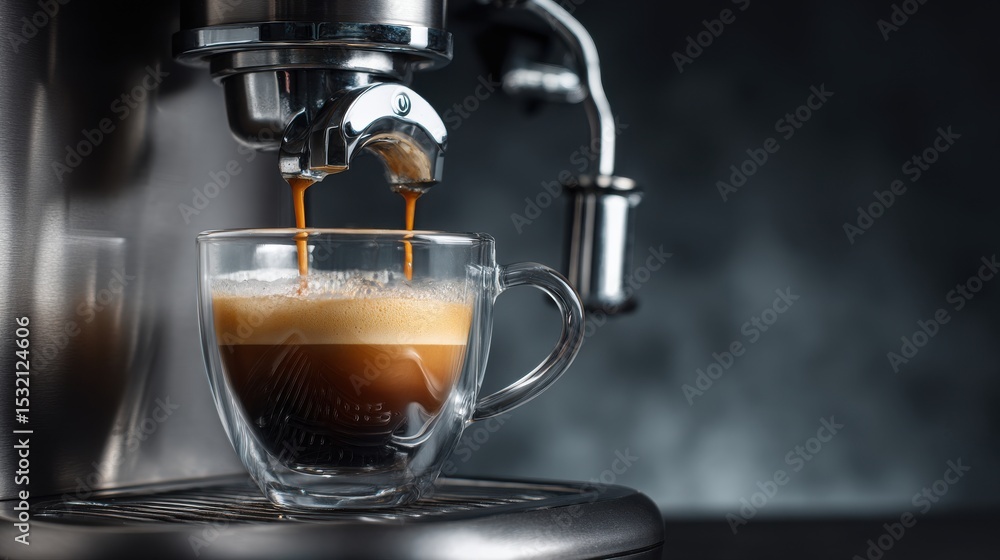 High-Quality Stock image of coffee machine is pouring espresso into a glass cup with beautiful foam on a dark background. High-Quality Stock image of coffee machine is pouring espresso into a glass cup with beautiful foam on a dark background.