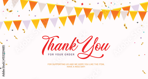 Thank you greeting text clipart banner. Thank you for your order card template clip art with colorful hanging streamer and confetti elements for business sale, shopping and purchase item vector 