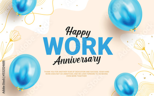 Happy work anniversary greeting clipart design. Company invitation card clip art with blue balloons elements for celebration of success, achievement and hard work background vector illustration. 
