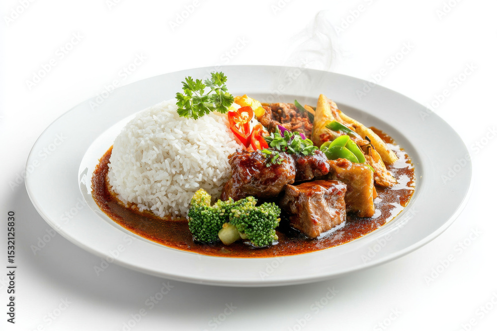 Studio shot of plated Lawar Bali portion with decorative garnishes and steam rising, placed on a clean white background, perfect for packaging or menu design in high-resolution clarity Studio shot of plated Lawar Bali portion with decorative garnishes and steam rising, placed on a clean white background, perfect for packaging or menu design in high-resolution clarity